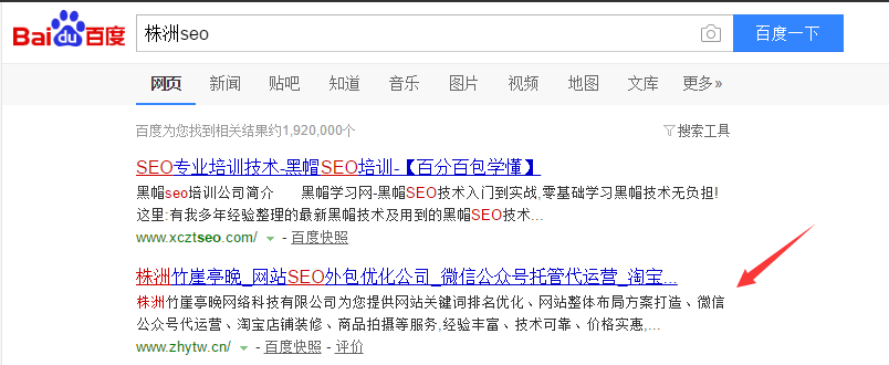 在360浏览器中使用百度搜索“株洲seo”一词时本站排名位置示意图