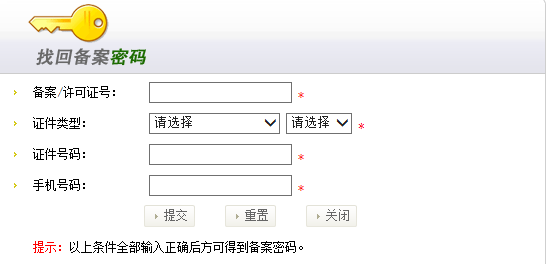 备案信息填写界面